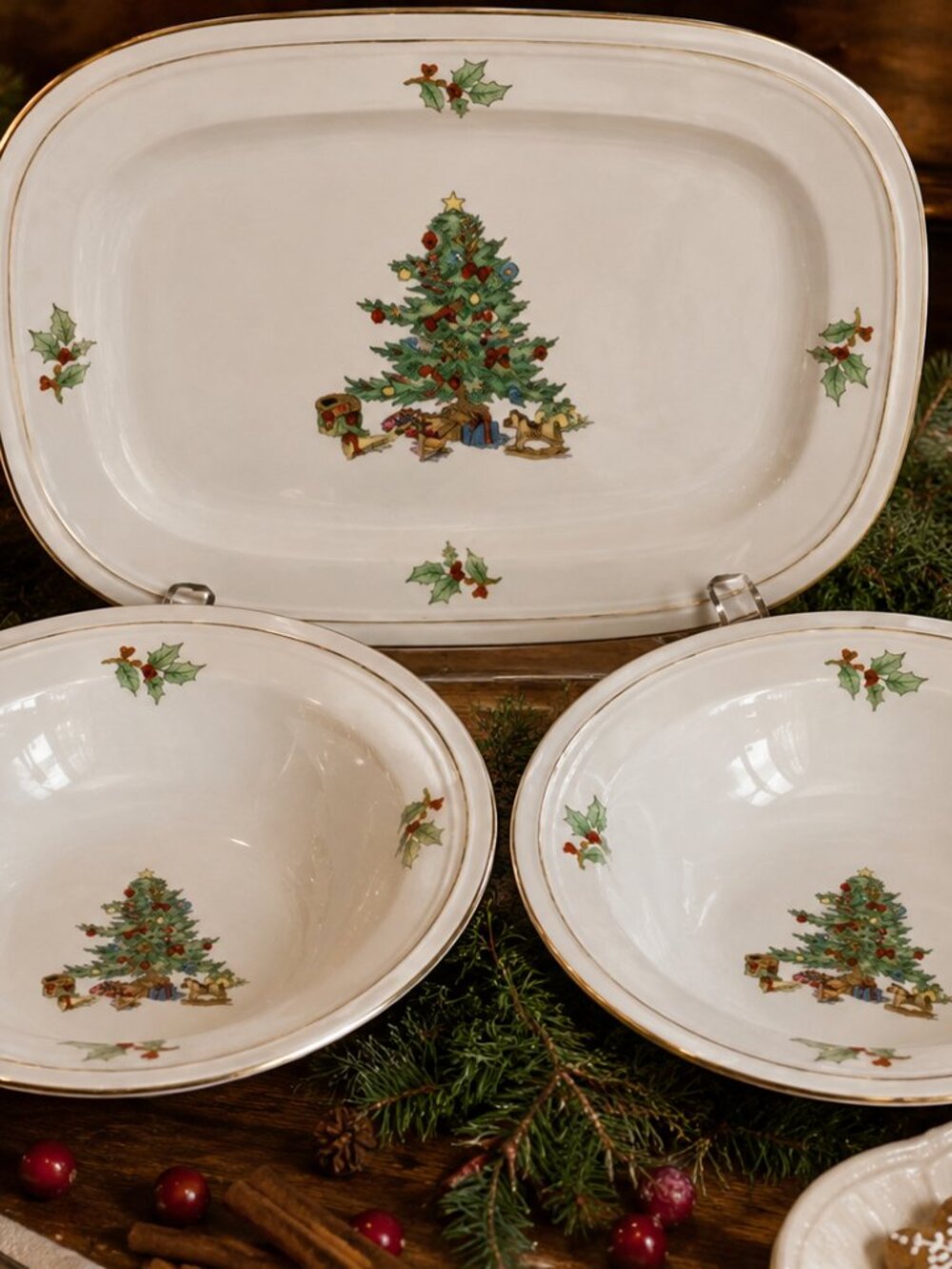 Vintage Tienshan Holiday Hostess 3-Piece Serving Set NOS 22K Gold Christmas Plat